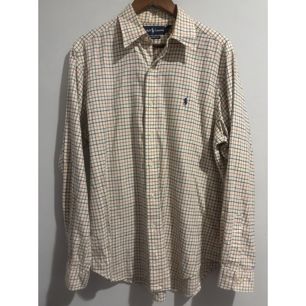 Vintage Polo Ralph Lauren Men's Custom Fit Plaid Shirt Large Beige Long Sleeve